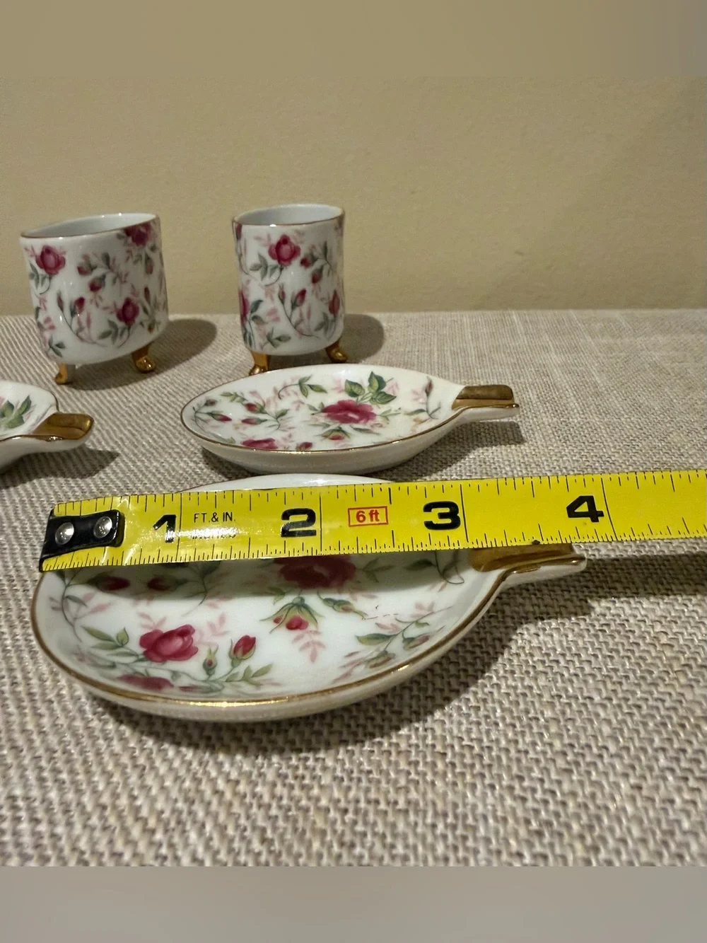 Vintage Lefton Rose Chintz Porcelain Cigarette Holder Ashtray Set 6pc